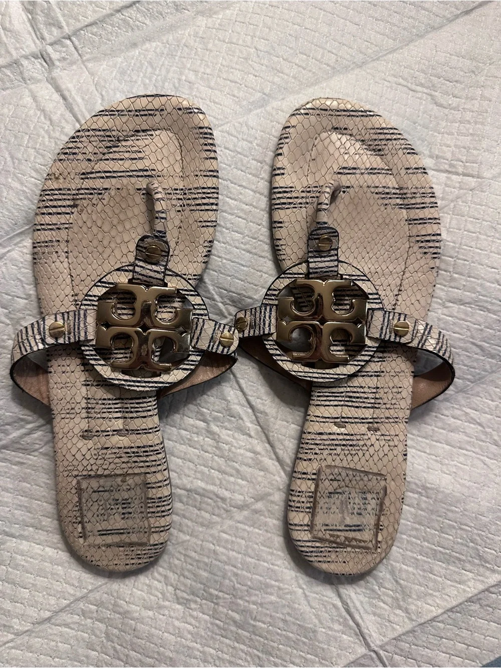Tory Burch Off White/Blue Striped Snake Leather Miller Gold Metal Sandals 8.5